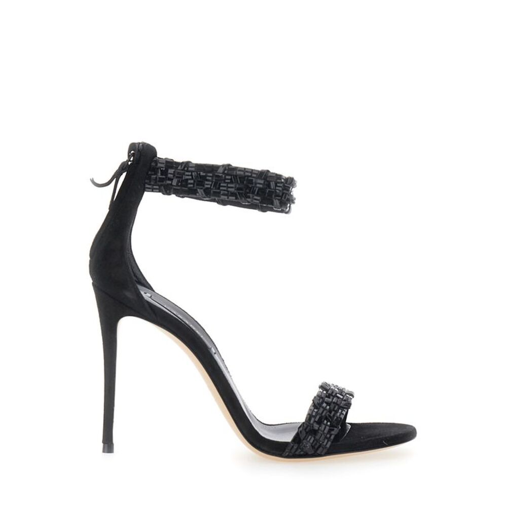 Casadei Women Black Heeled Sandals With Beaded Details In Suede For Women